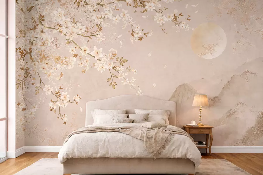 murales de pared Una rama en flor sobre las montañas envueltas en niebla y el sol w05695