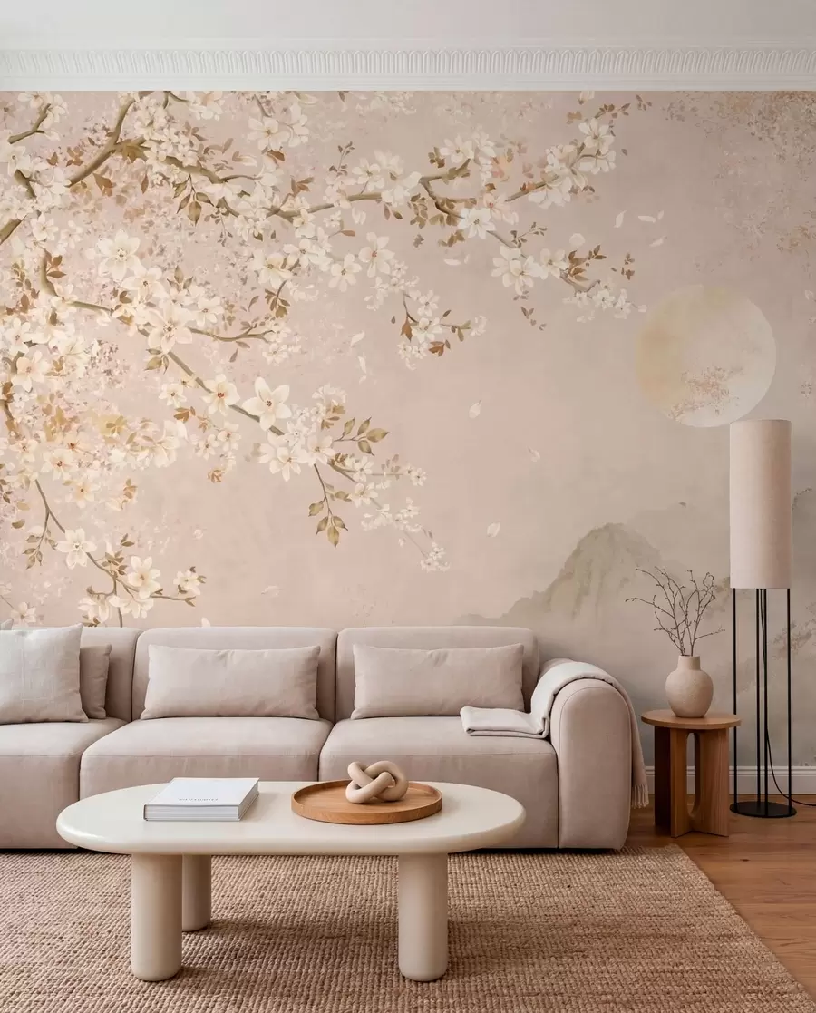 murales de pared Una rama en flor sobre las montañas envueltas en niebla y el sol w05695