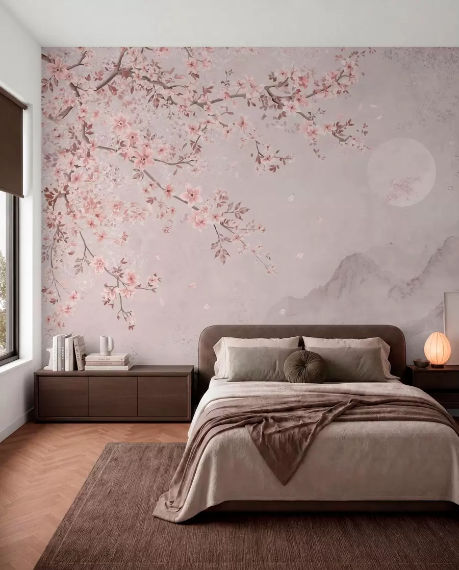 murales de pared Flores rosas en una rama sobre un apacible paisaje montañoso w05695v1