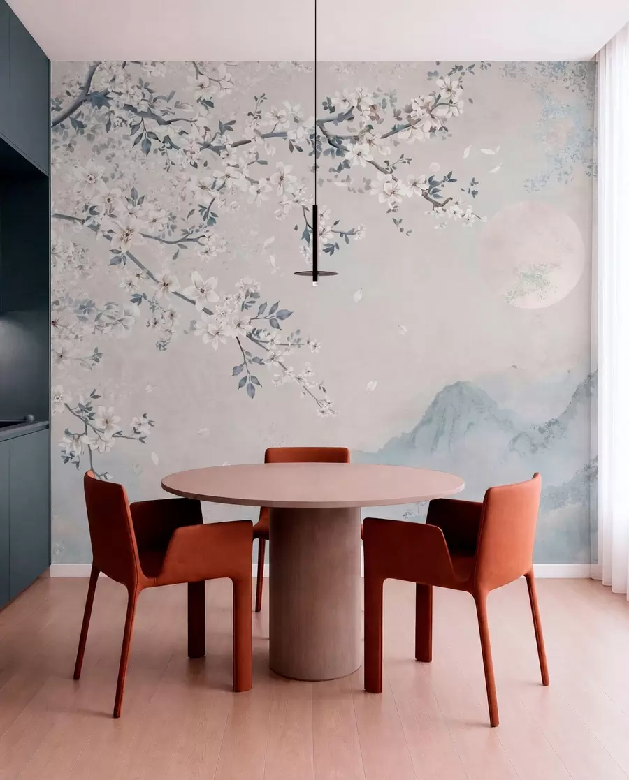 murales de pared Una delicada rama en flor sobre montañas envueltas en niebla y la luna w05695v2