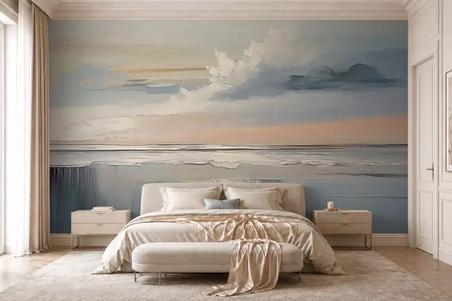 murales de pared Costa en tonos pastel con nubes y reflejos en el agua w05687