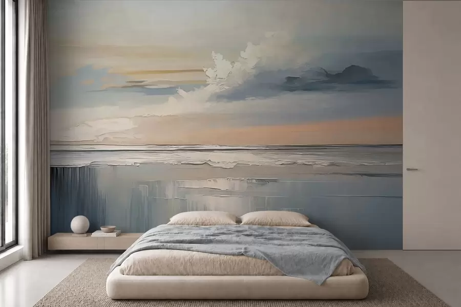 murales de pared Costa en tonos pastel con nubes y reflejos en el agua w05687