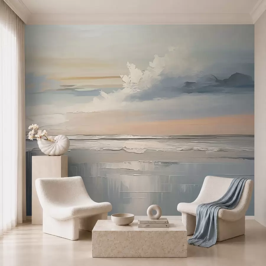 murales de pared Costa en tonos pastel con nubes y reflejos en el agua w05687
