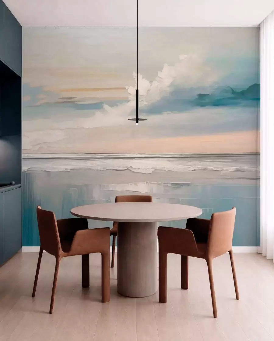 murales de pared Costa en tonos pastel con nubes y reflejos en el agua w05687