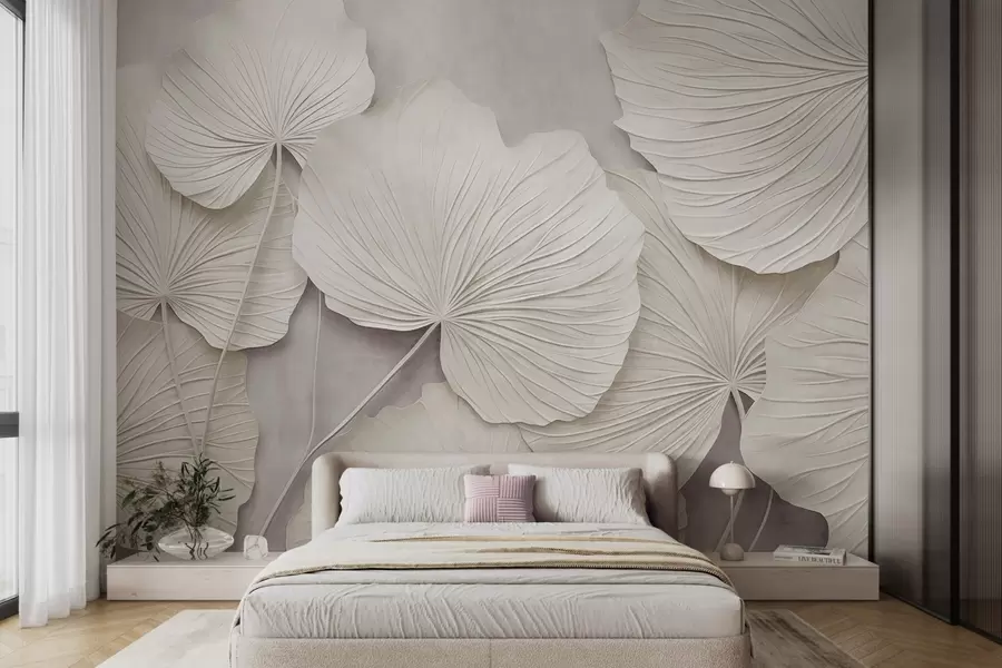 murales de pared Hojas grandes y con textura sobre un fondo suave y apagado; arte moderno minimalista w09897