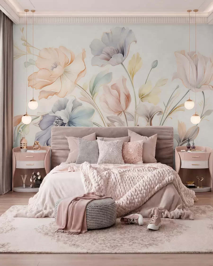 murales de pared Delicadas flores en tonos pastel de rosa, azul y amarillo con hojas verdes, sobre un fondo claro w09898