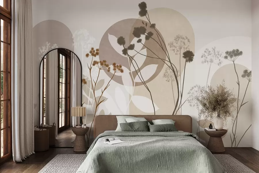 murales de pared Composición botánica y minimalista de flores y hojas secas con motivos geométricos abstractos w09906