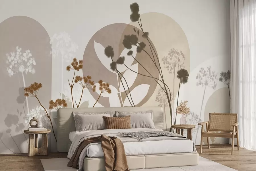 murales de pared Composición botánica y minimalista de flores y hojas secas con motivos geométricos abstractos w09906