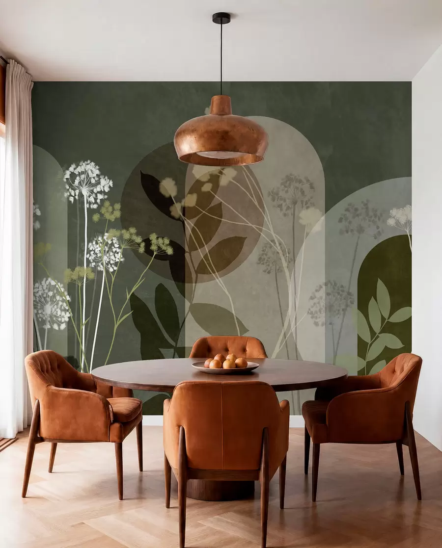 murales de pared Composición botánica y minimalista de flores y hojas secas con motivos geométricos abstractos w09906v2