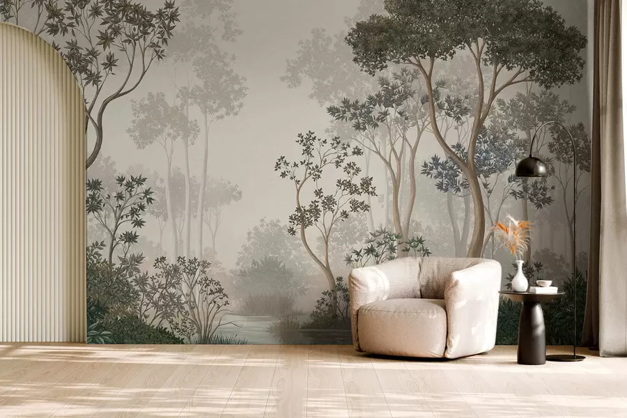 murales de pared Bosque brumoso con árboles y un tranquilo curso de agua w05700