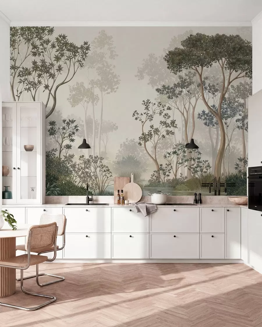 murales de pared Bosque brumoso con árboles y un tranquilo curso de agua w05700