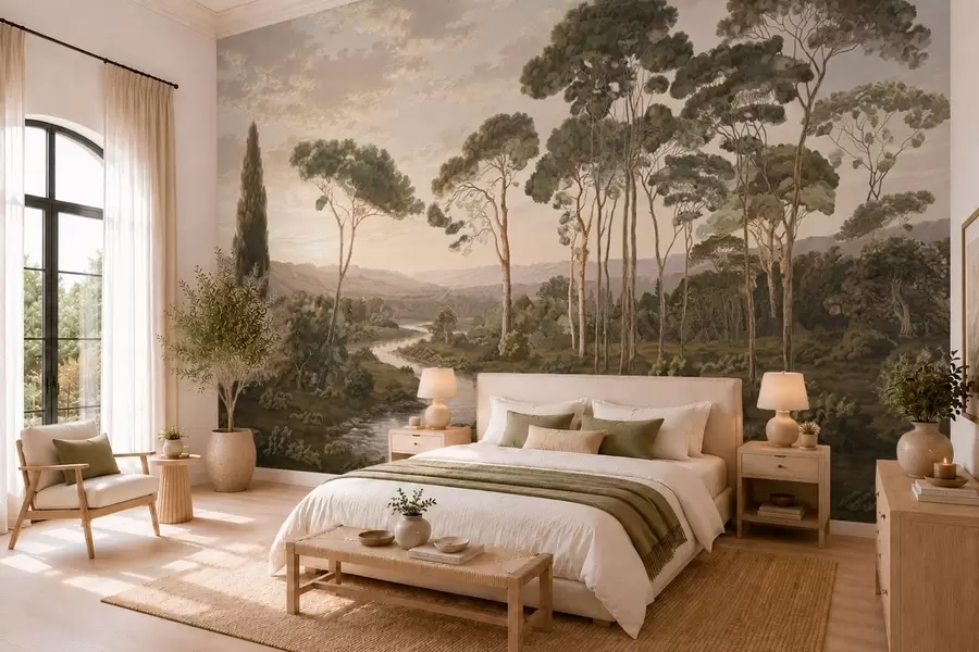murales de pared Paisaje con río, árboles y colinas en la lejanía w05696