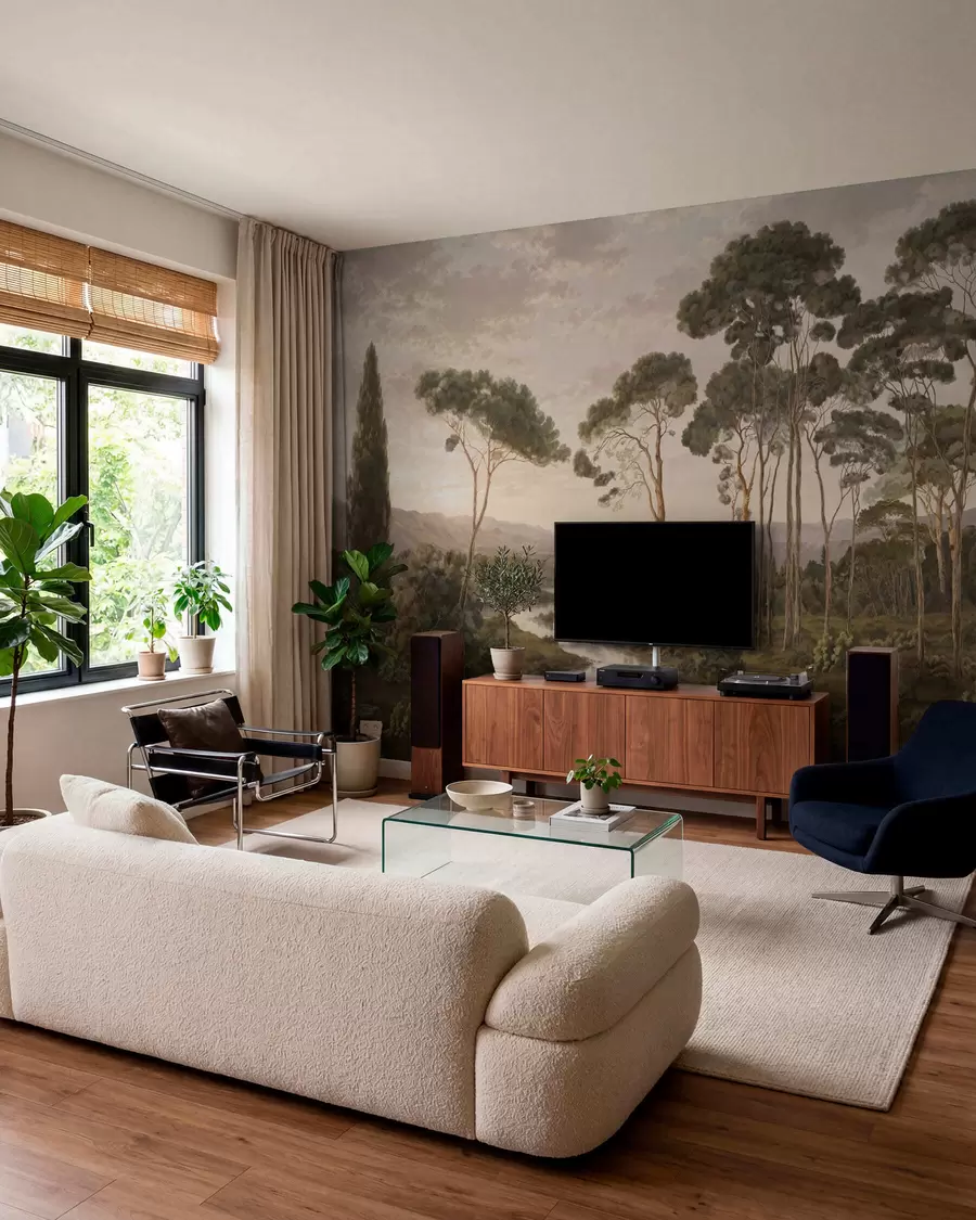 murales de pared Paisaje con río, árboles y colinas en la lejanía w05696
