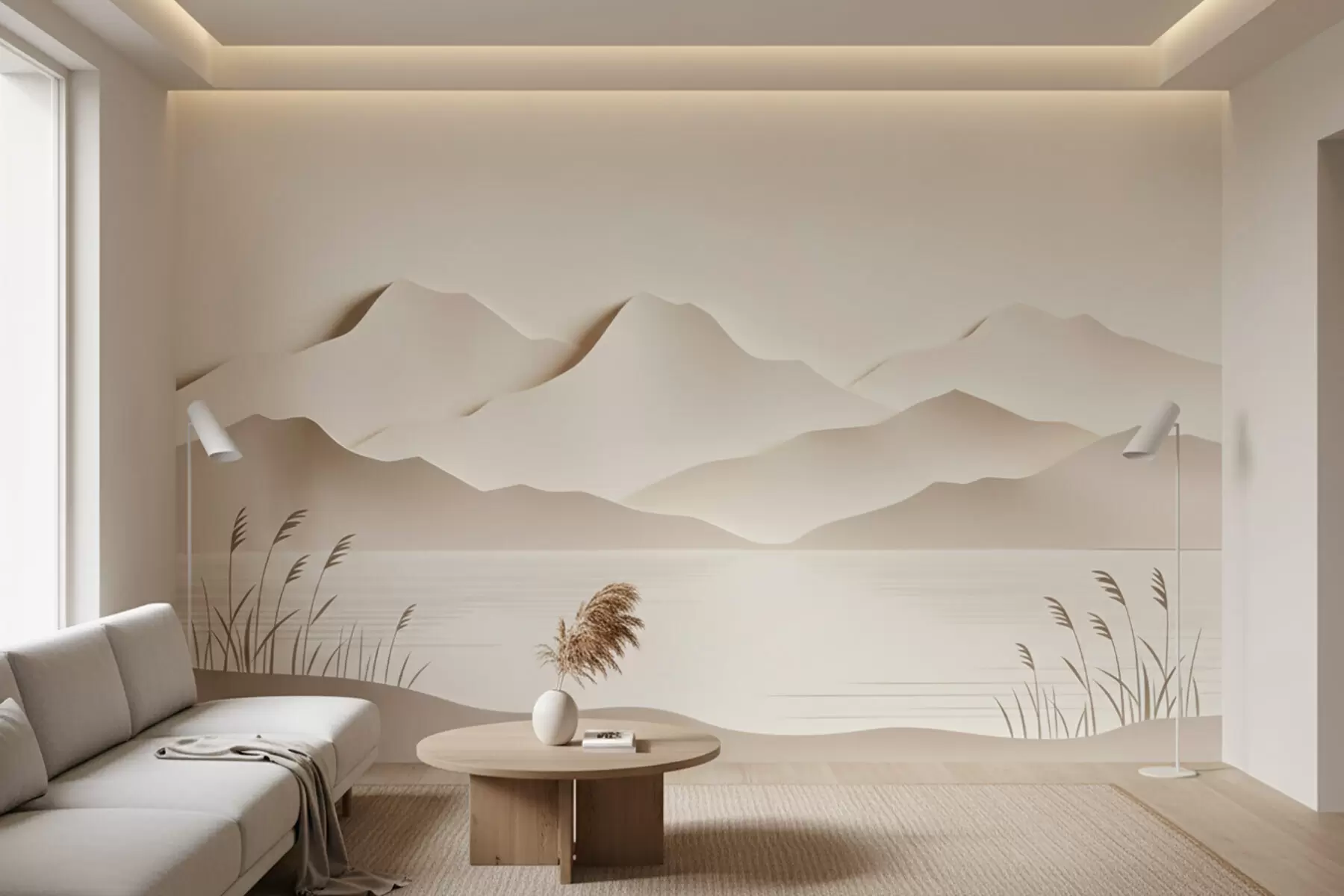 murales de pared Paisaje montañoso con varias capas sobre un lago tranquilo, en una cálida gama de tonos beige w09876