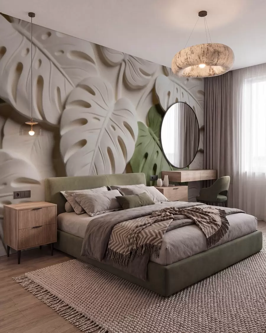 murales de pared Hojas de monstera botánicas en relieve en tonos crema y verde w09883