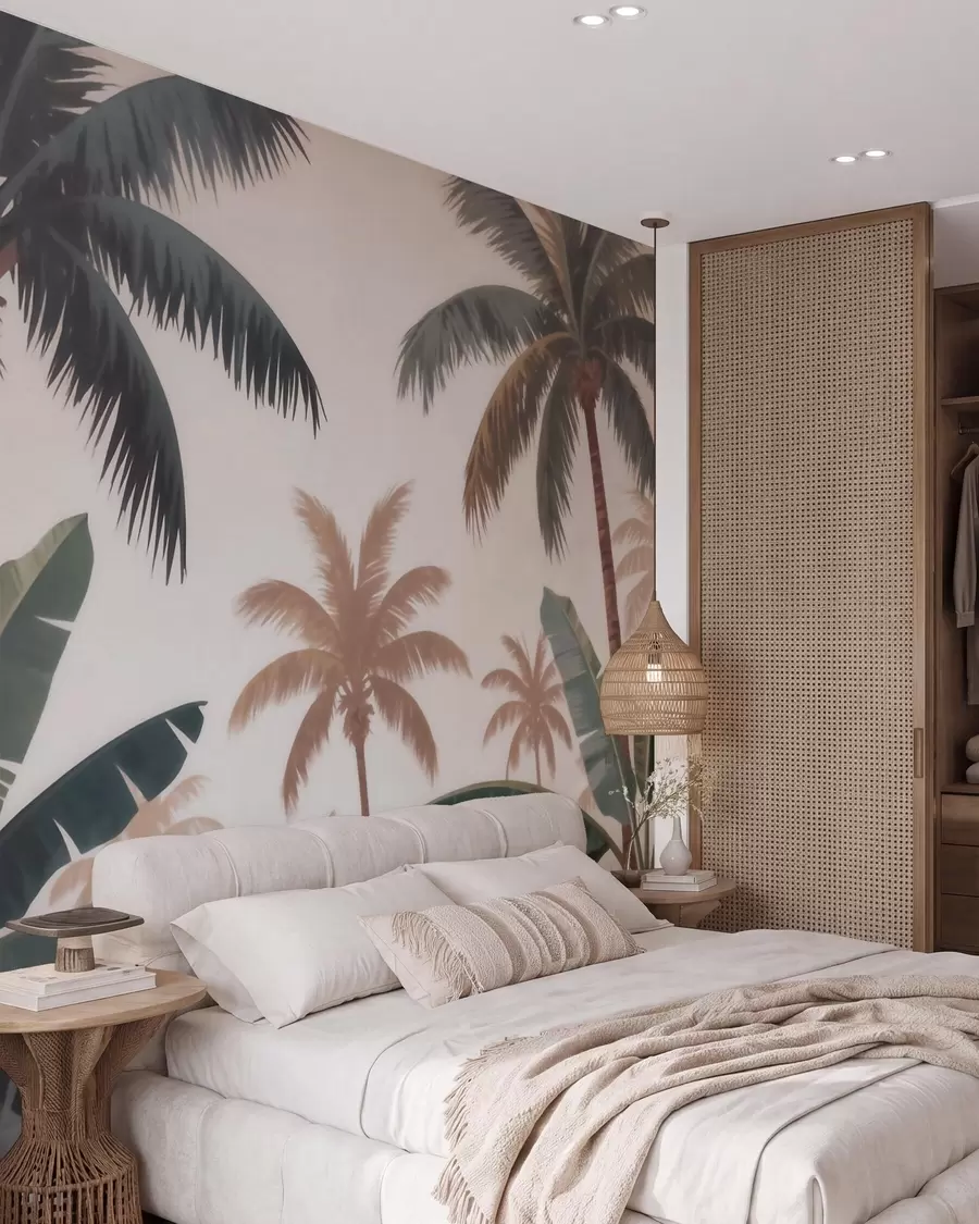 murales de pared Palmeras tropicales en una suave paleta de colores vintage con un ambiente brumoso de mañana w09884