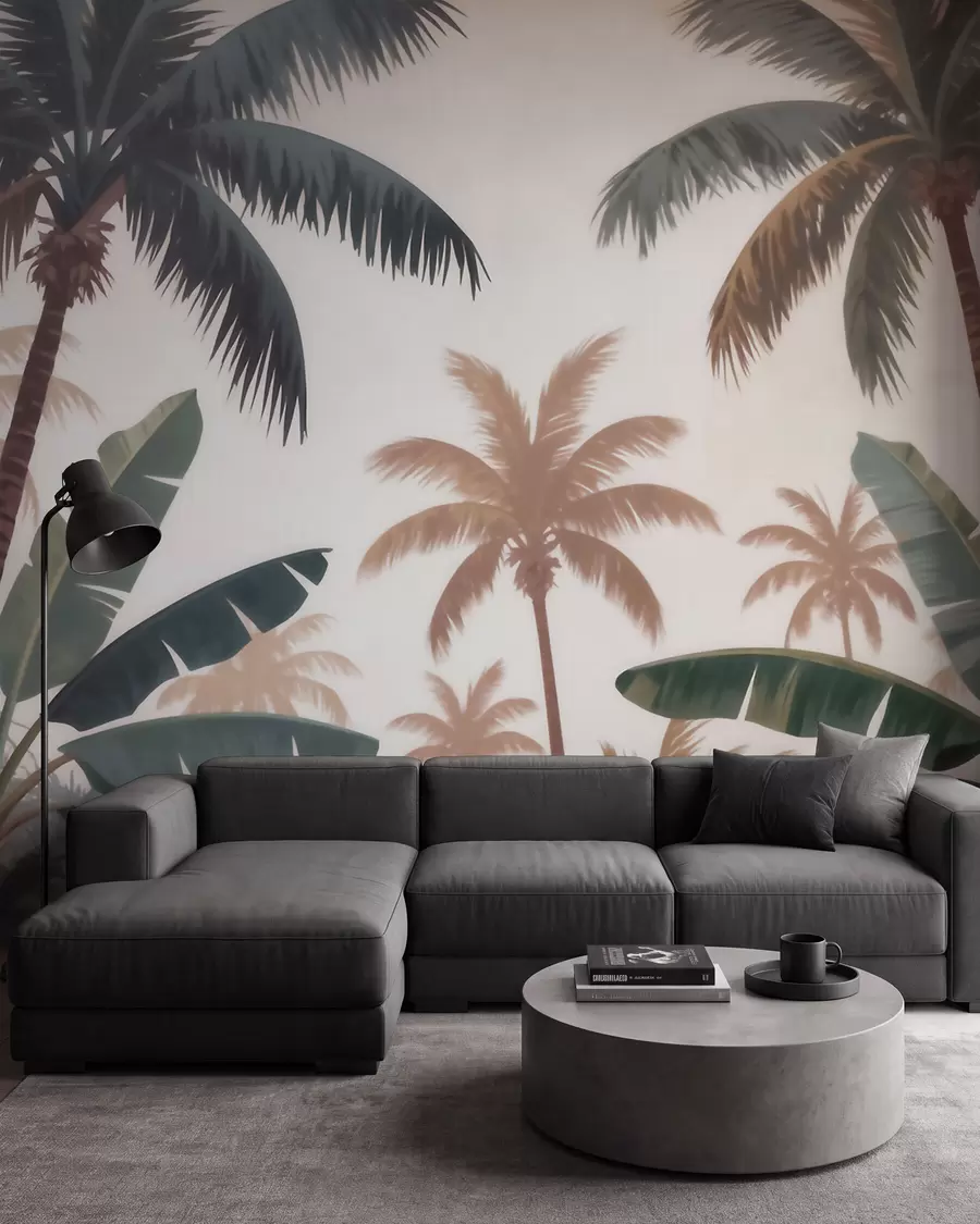 murales de pared Palmeras tropicales en una suave paleta de colores vintage con un ambiente brumoso de mañana w09884