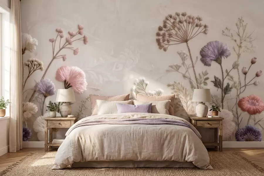 murales de pared Flores silvestres tridimensionales con un efecto de bordado artesanal en una paleta de colores pastel w09874