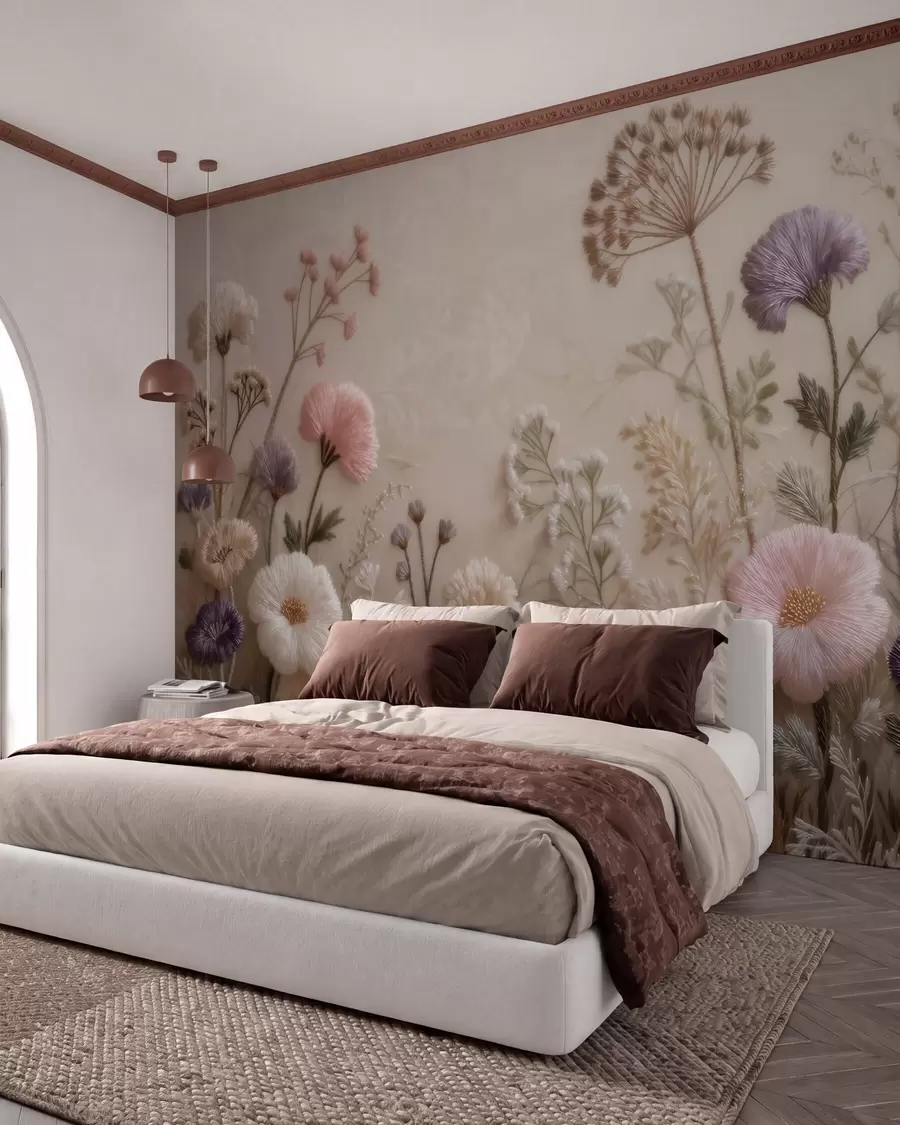 murales de pared Flores silvestres tridimensionales con un efecto de bordado artesanal en una paleta de colores pastel w09874