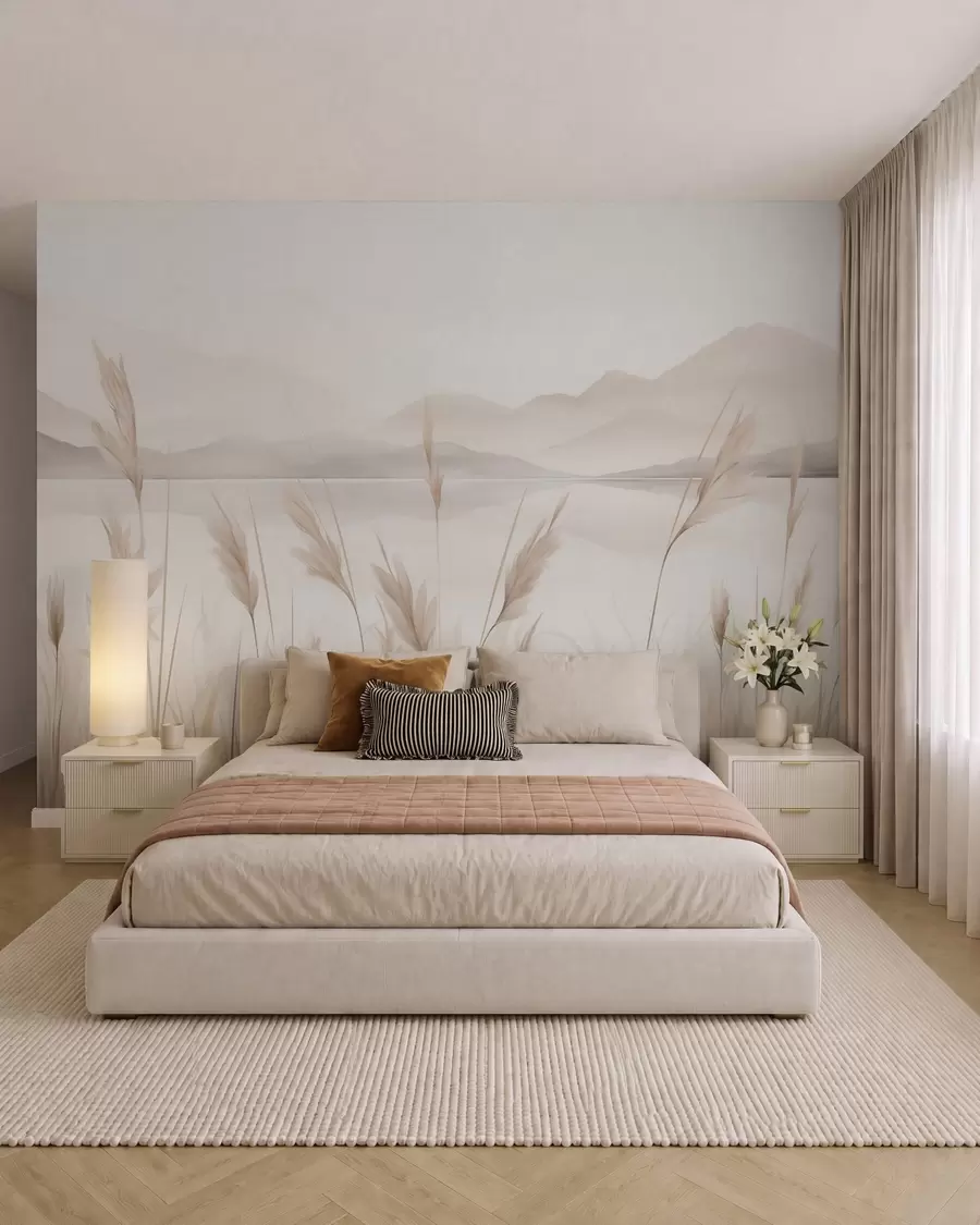 murales de pared Juncos junto a un lago con montañas al fondo, imitación de un cuadro w05704