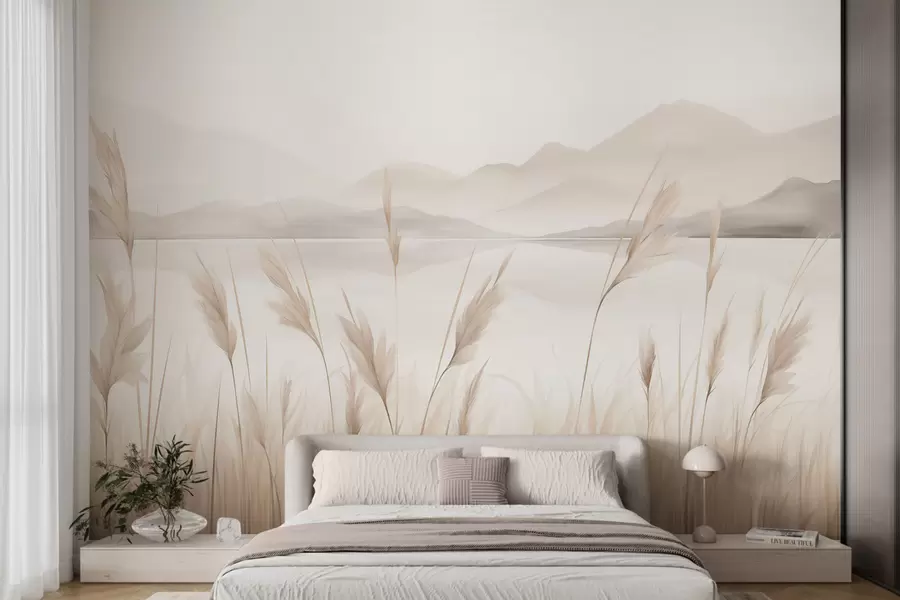 murales de pared Juncos junto a un lago con montañas al fondo, imitación de un cuadro w05704