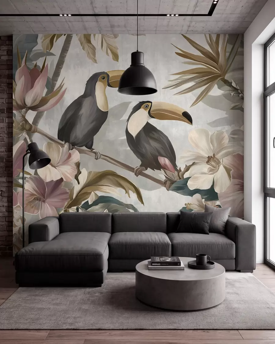 murales de pared una pareja de tucanes entre flores y hojas tropicales w05657
