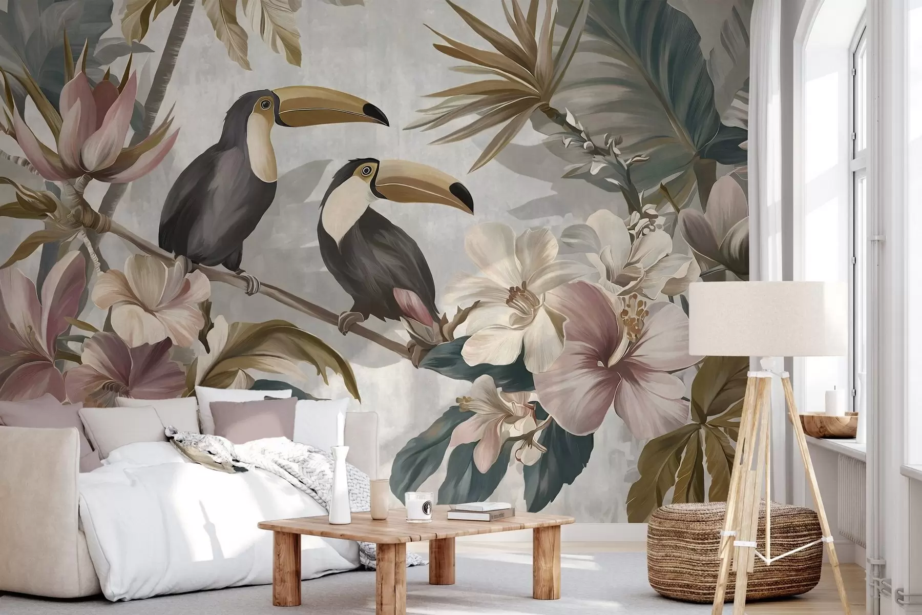 murales de pared una pareja de tucanes entre flores y hojas tropicales w05657