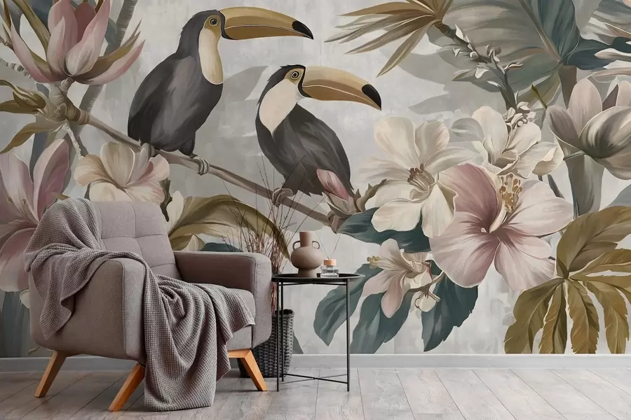 murales de pared una pareja de tucanes entre flores y hojas tropicales w05657