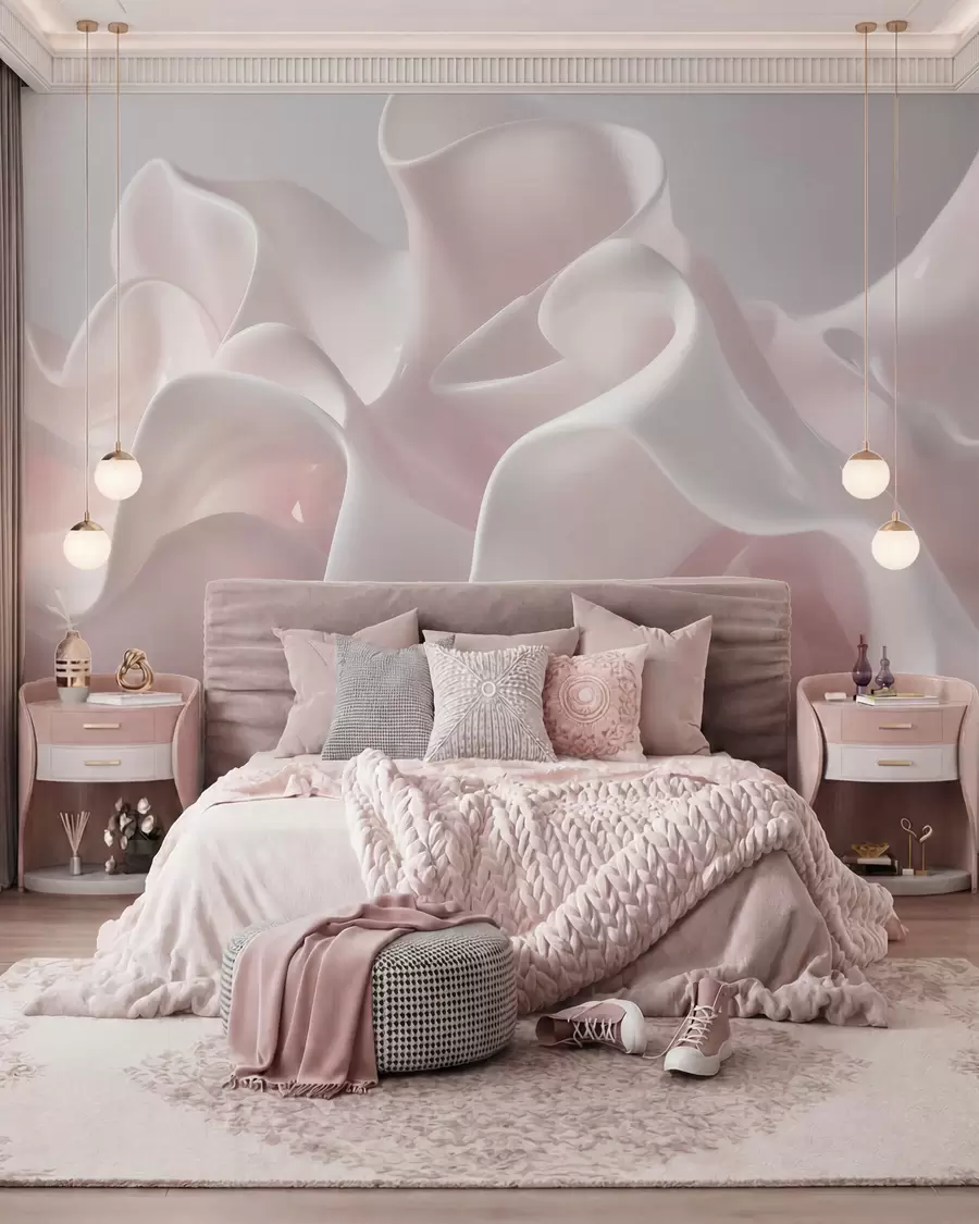 murales de pared Ondas de seda vaporosas en suaves tonos rosa palo w09858