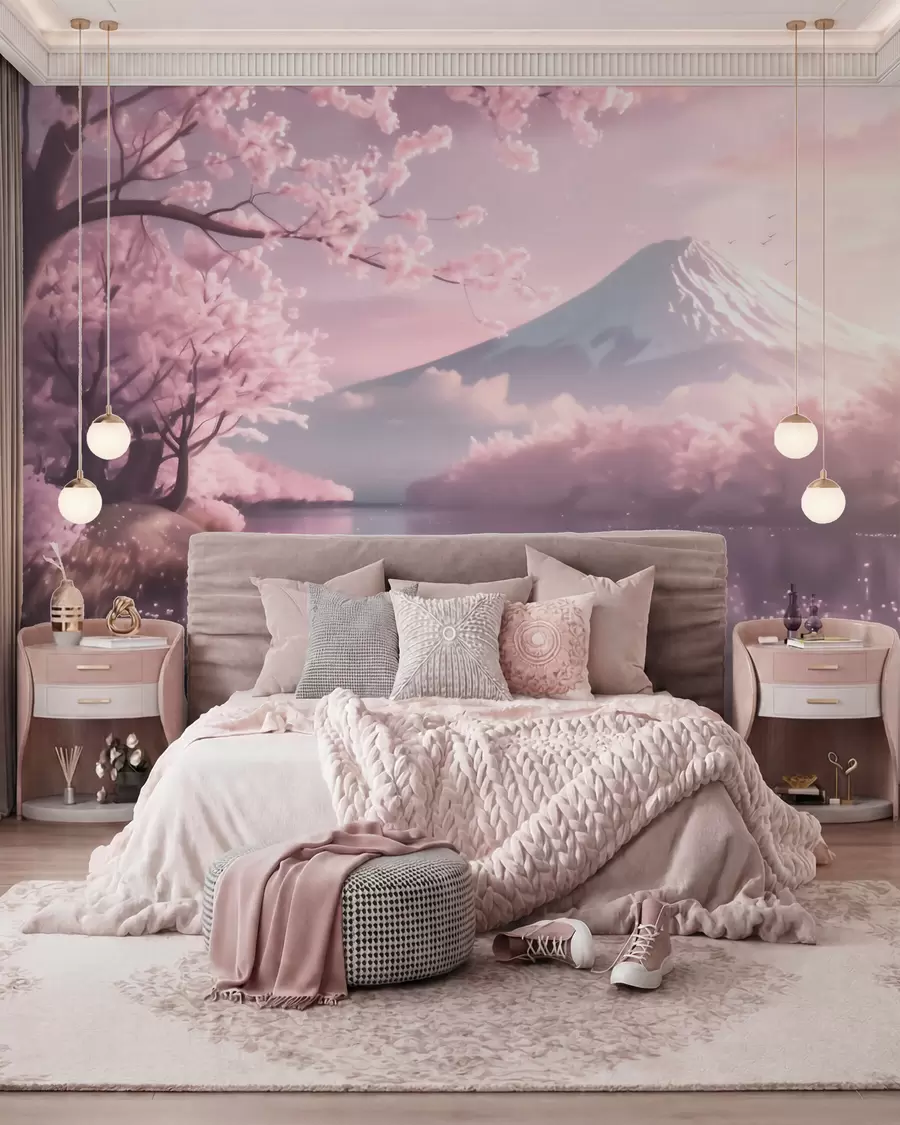 murales de pared Sereno paisaje japonés con cerezos en flor y un lago de montaña al amanecer w09864