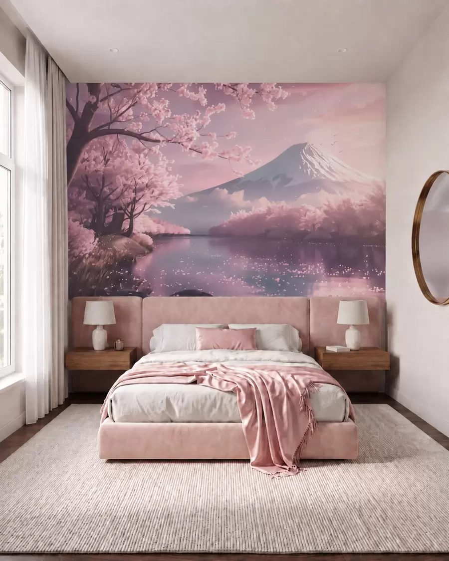 murales de pared Sereno paisaje japonés con cerezos en flor y un lago de montaña al amanecer w09864