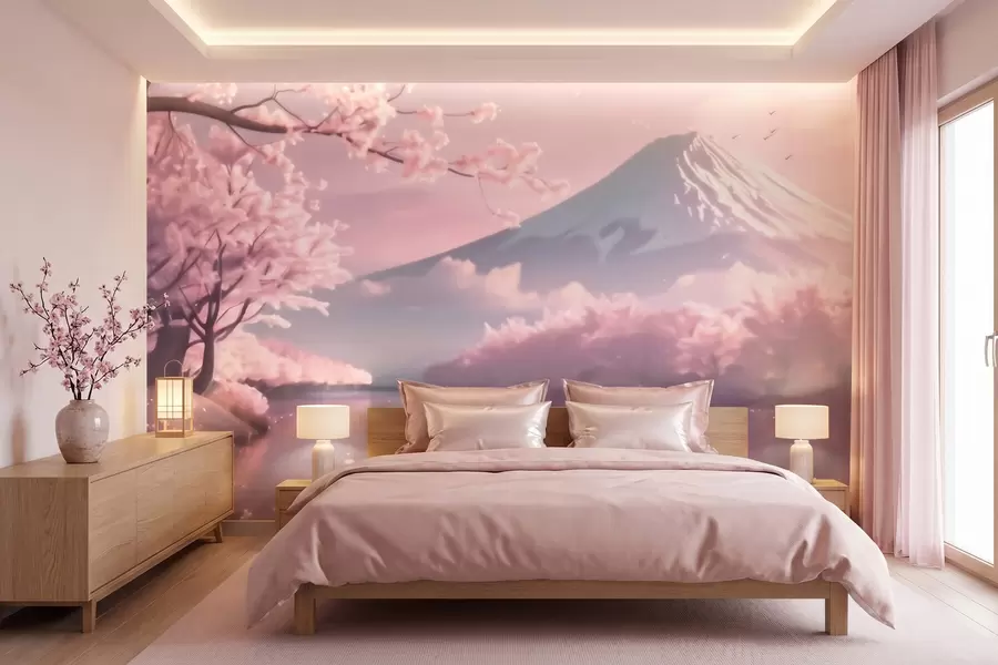 murales de pared Sereno paisaje japonés con cerezos en flor y un lago de montaña al amanecer w09864