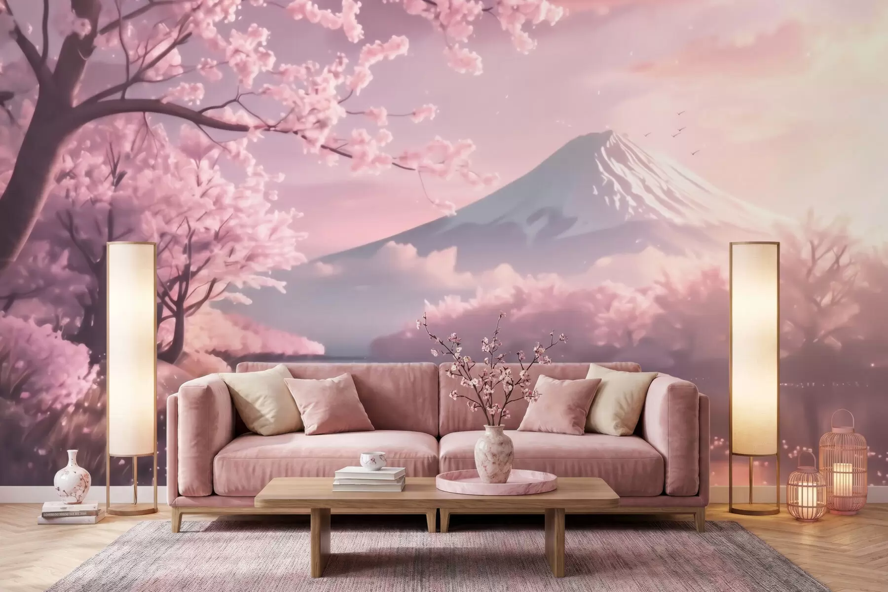 murales de pared Sereno paisaje japonés con cerezos en flor y un lago de montaña al amanecer w09864