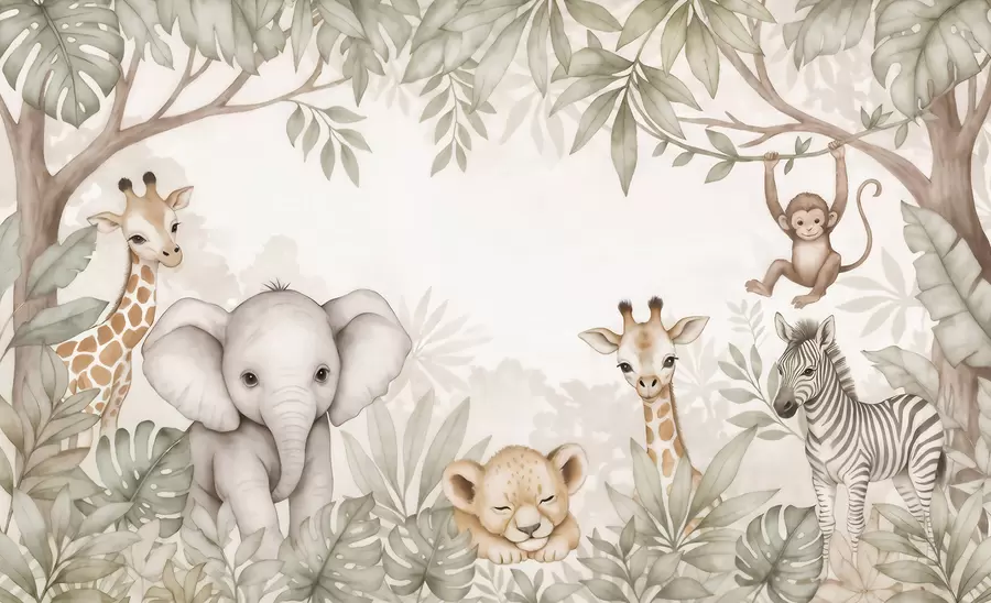 murales de pared Adorables animales de safari entre la vegetación tropical, en estilo acuarela w09885