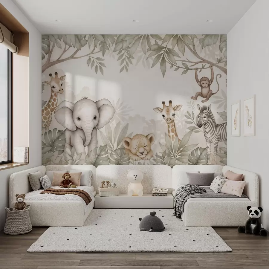 murales de pared Adorables animales de safari entre la vegetación tropical, en estilo acuarela w09885