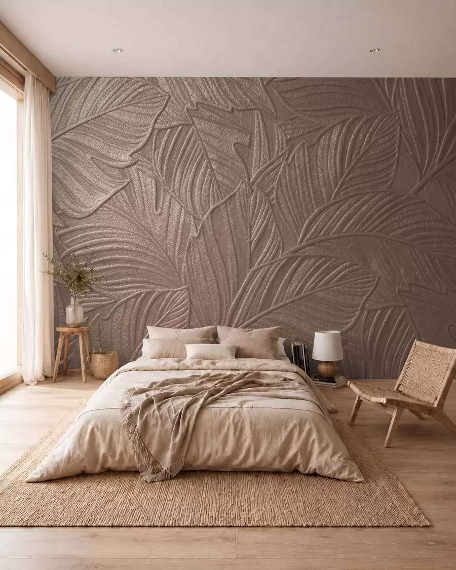 murales de pared Hojas tropicales en relieve con un delicado diseño en tonos beige cálidos w09886