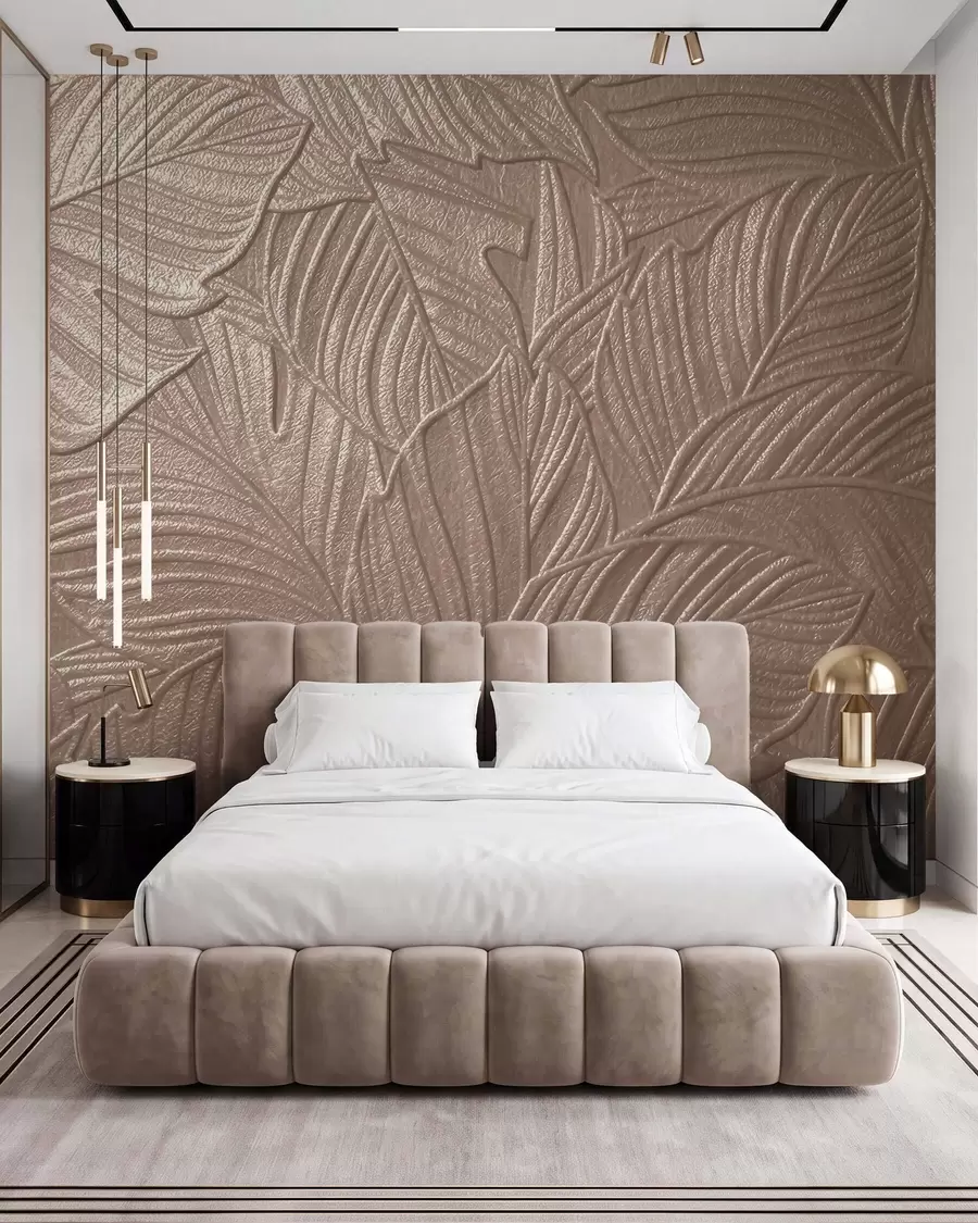 murales de pared Hojas tropicales en relieve con un delicado diseño en tonos beige cálidos w09886