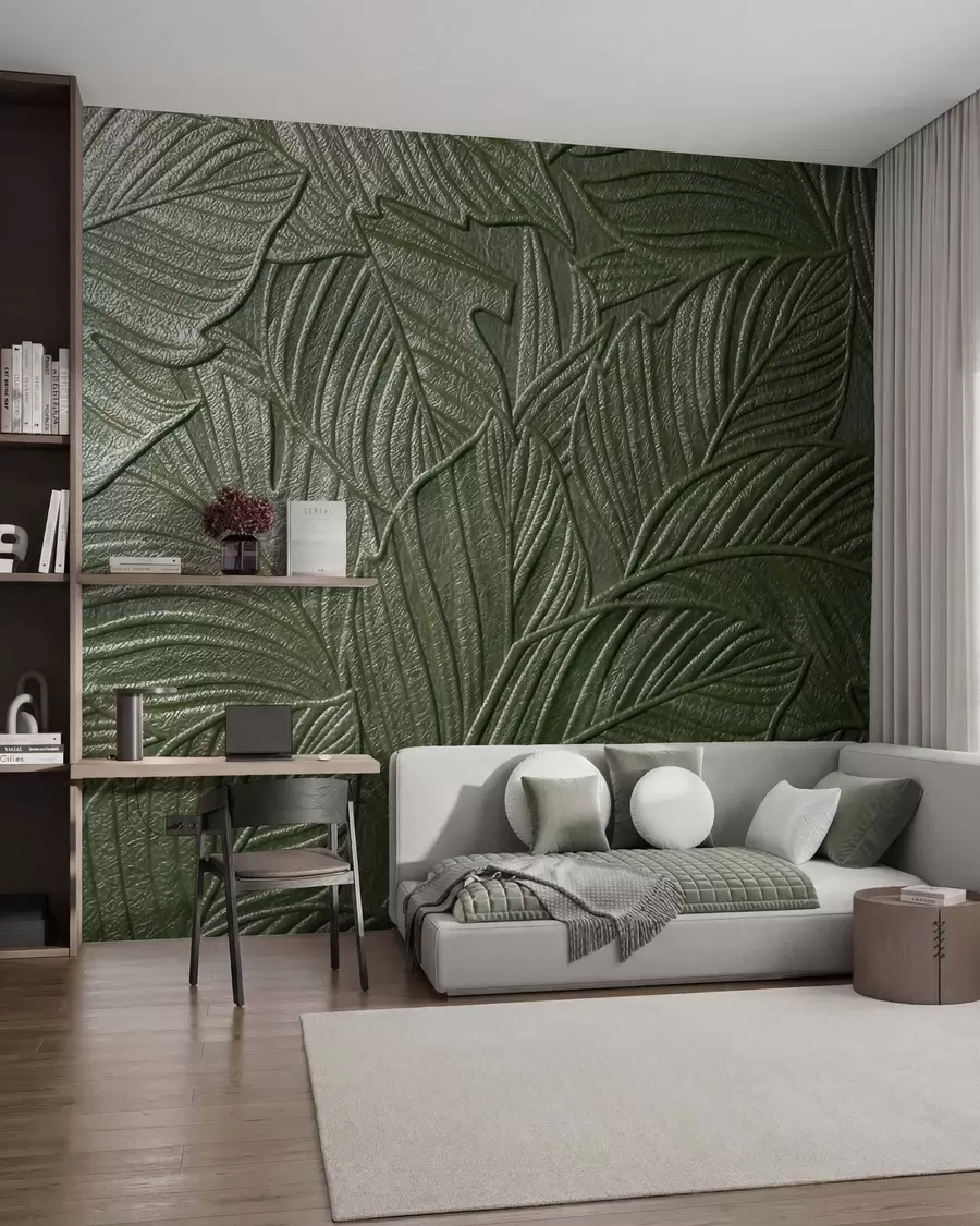 murales de pared Hojas tropicales en relieve con un delicado diseño en exuberantes tonos verdes w09886v1