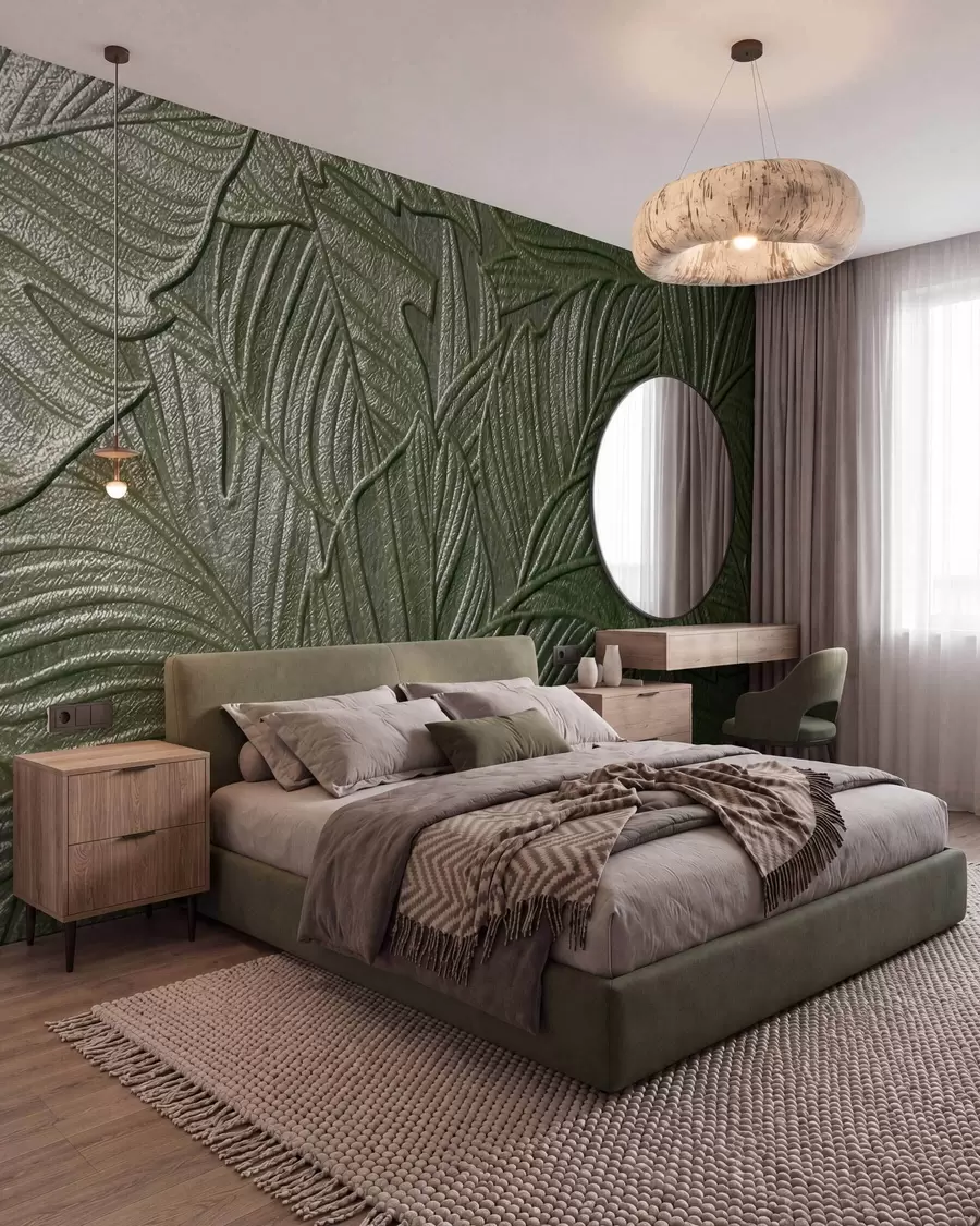 murales de pared Hojas tropicales en relieve con un delicado diseño en exuberantes tonos verdes w09886v1