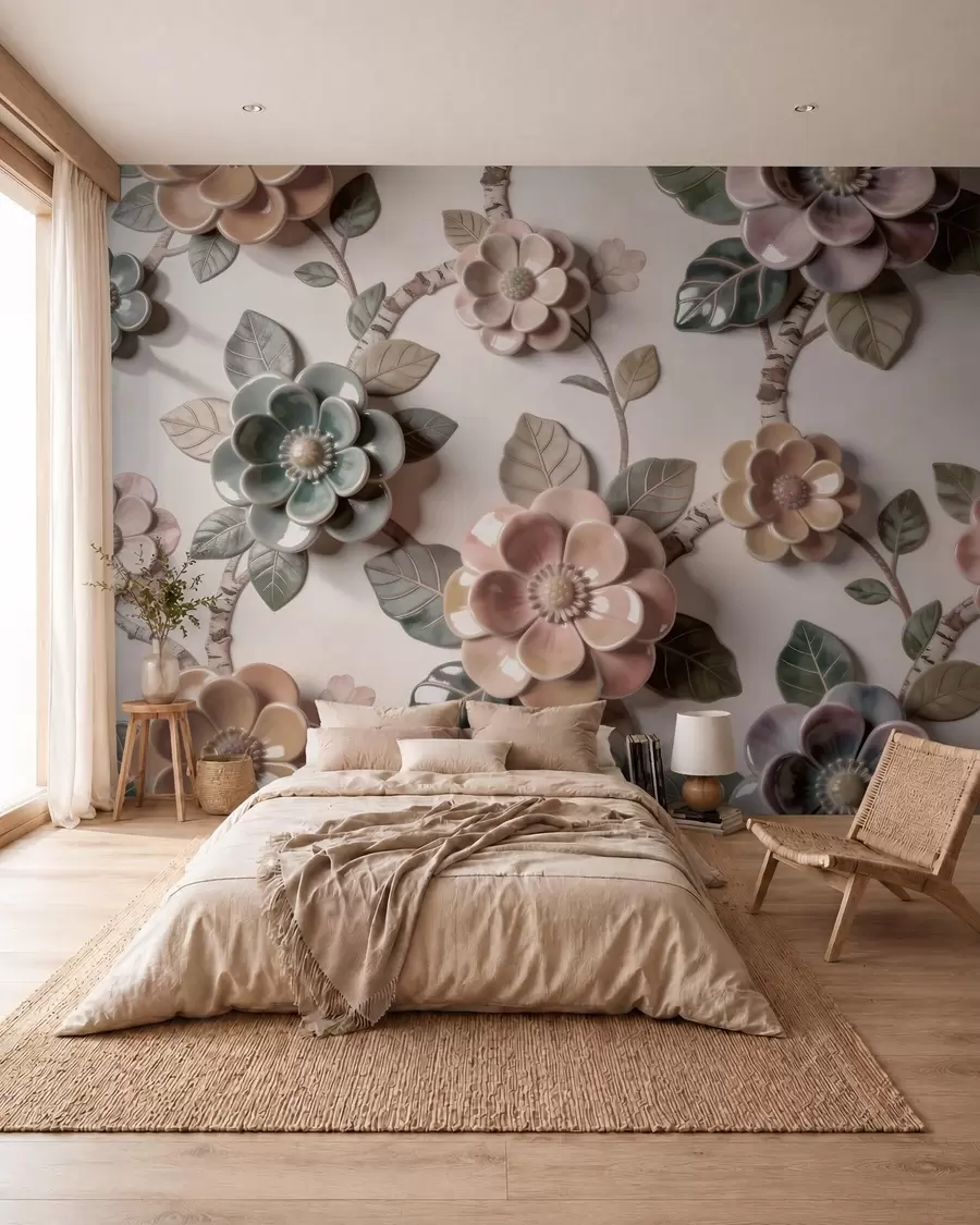 murales de pared Flores de cerámica tridimensionales en una suave gama de colores pastel w09887
