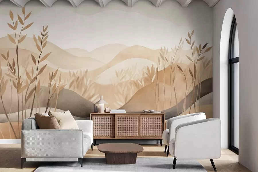 murales de pared Paisaje abstracto con colinas onduladas en tonos marrones y beige, obra de arte con textura w09617