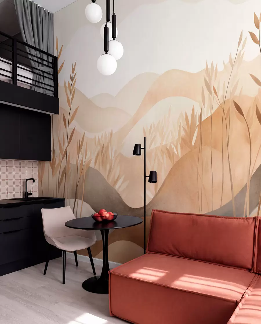 murales de pared Paisaje abstracto con colinas onduladas en tonos marrones y beige, obra de arte con textura w09617