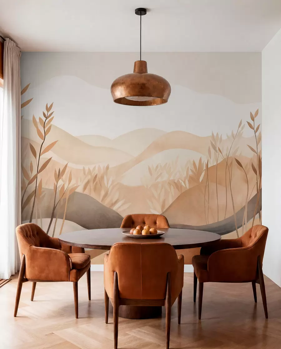 murales de pared Paisaje abstracto con colinas onduladas en tonos marrones y beige, obra de arte con textura w09617