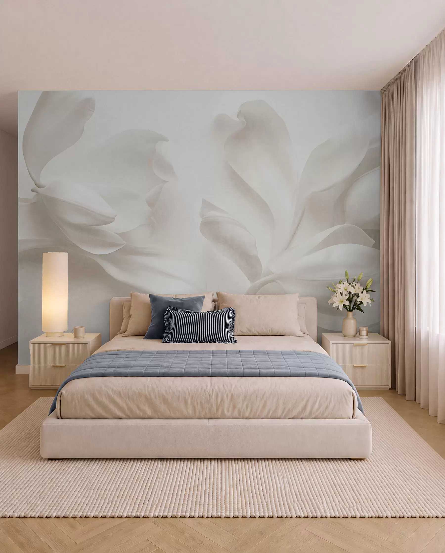 murales de pared Flores de magnolia blancas con textura y pétalos delicados, sobre un fondo claro difuminado w09771
