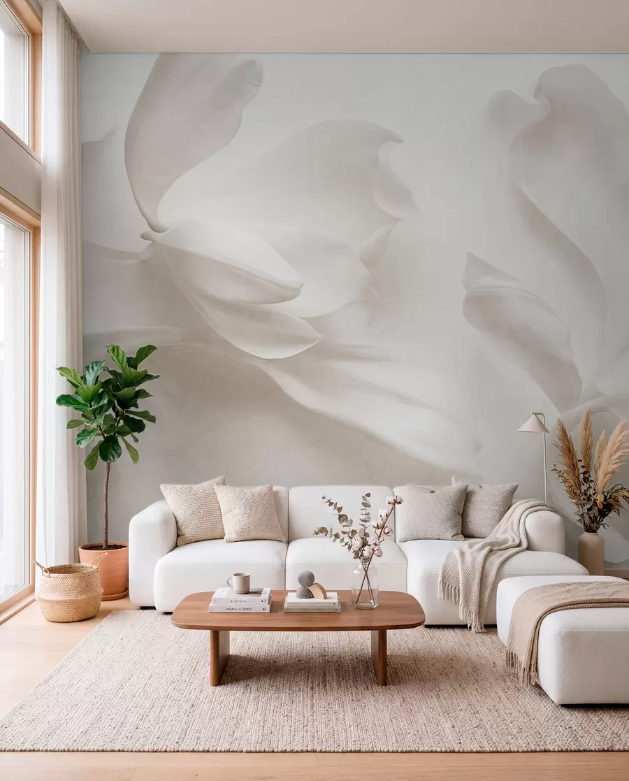 murales de pared Flores de magnolia blancas con textura y pétalos delicados, sobre un fondo claro difuminado w09771