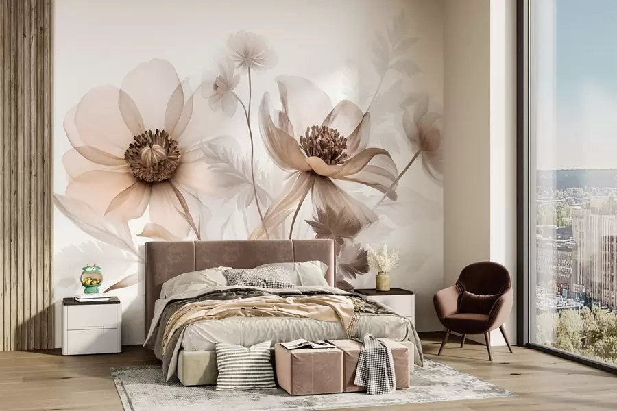 murales de pared Flores grandes, translúcidas y de tonos sepia, con pétalos delicados, hojas plumosas y flores más pequeñas w09900
