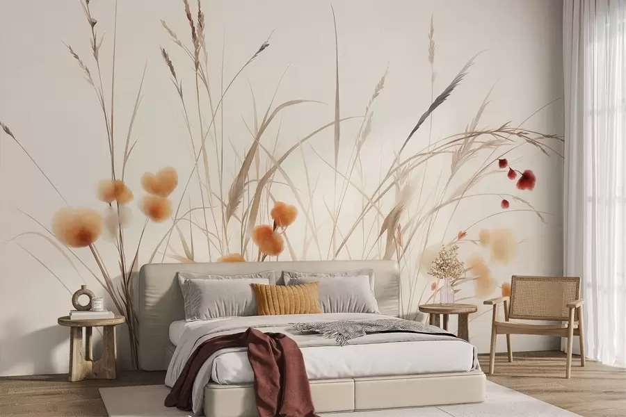 murales de pared Hierbas altas y pequeñas flores silvestres de color naranja sobre un fondo pálido, con un estilo boho lleno de textura w09902