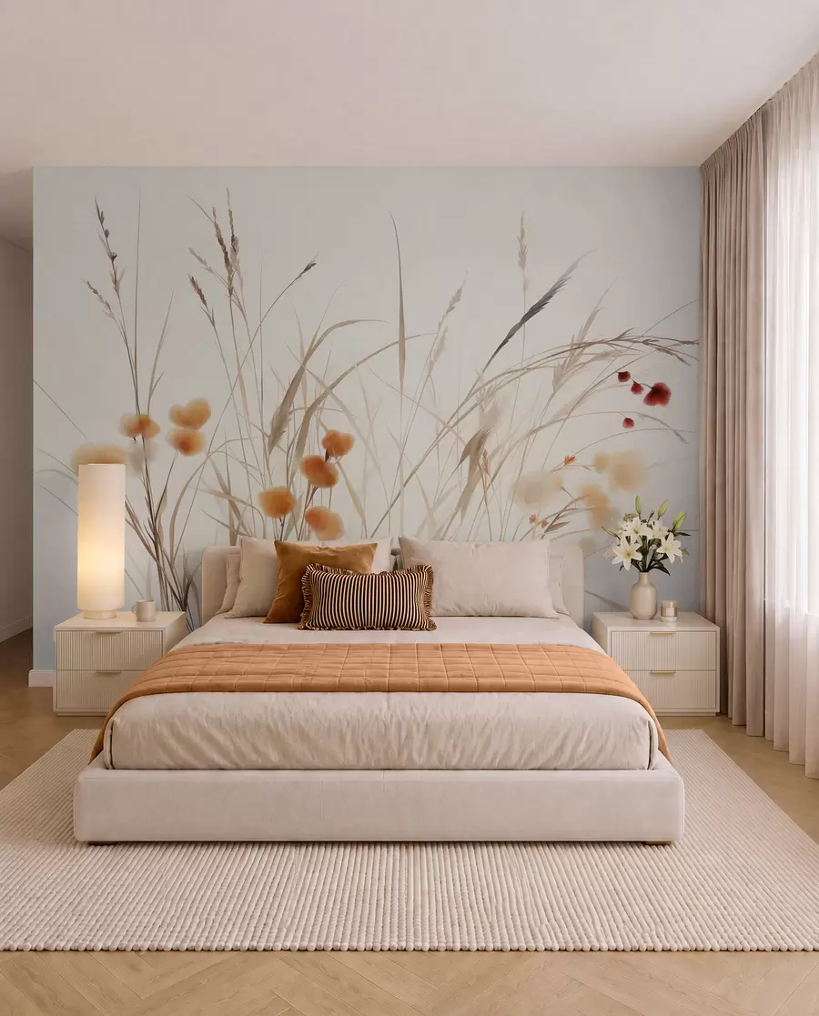 murales de pared Hierbas altas y pequeñas flores silvestres de color naranja sobre un fondo pálido, con un estilo boho lleno de textura w09902