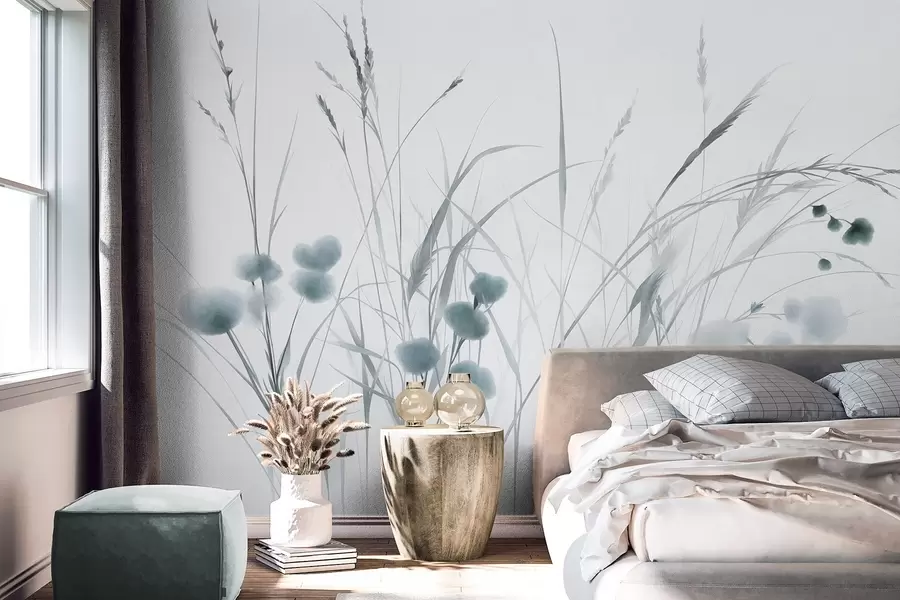 murales de pared Hierbas altas y pequeñas flores silvestres azules sobre un fondo pálido, con un estilo boho lleno de textura w09902v1