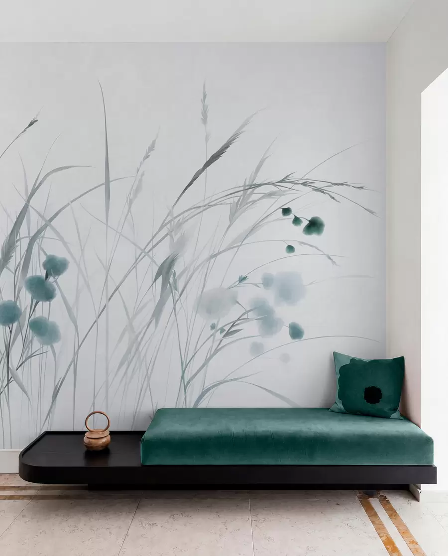 murales de pared Hierbas altas y pequeñas flores silvestres azules sobre un fondo pálido, con un estilo boho lleno de textura w09902v1